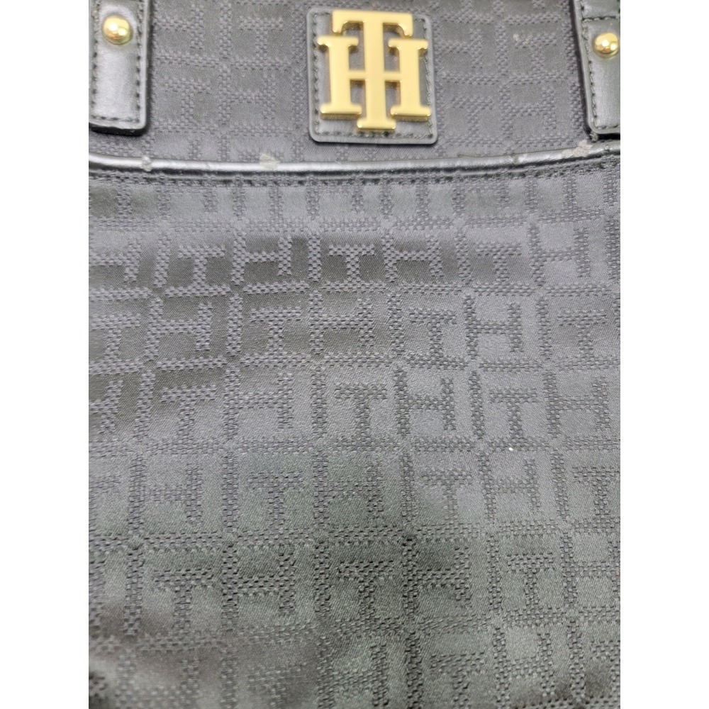 Tommy Hilfiger Black Jacquard Monogram Tote Bag with Matching Pouch Gold Logo - Picture 2 of 5